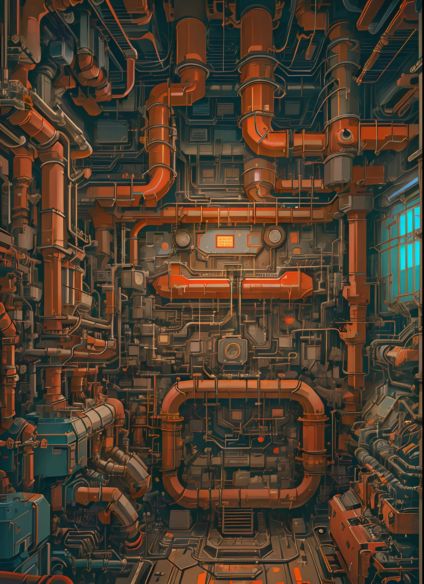 Stable Diffusion prompt: masterpiece, concept art, medium shot, centered, a room filled with lots of pipe...