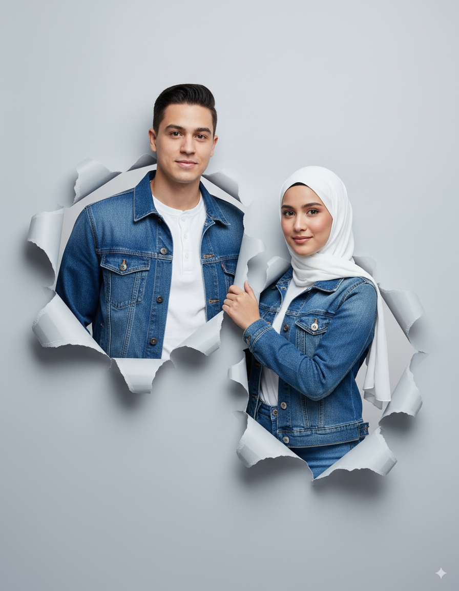 ChatGPT Image prompt: Two Moroccan couple portraits, half-body view, emerging from realistic torn pape...