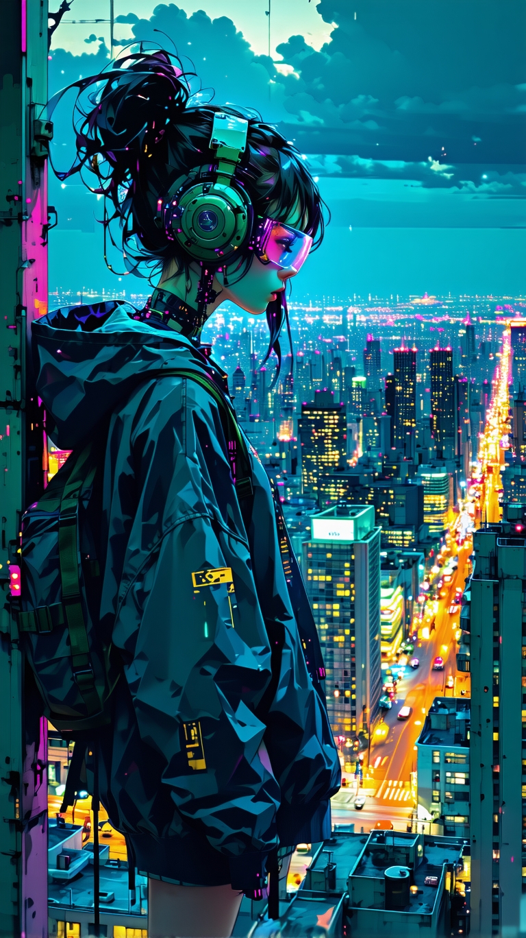 Stable Diffusion prompt: A visual stunning photo of a female cyberpunk looking over tokyo skyline |center...