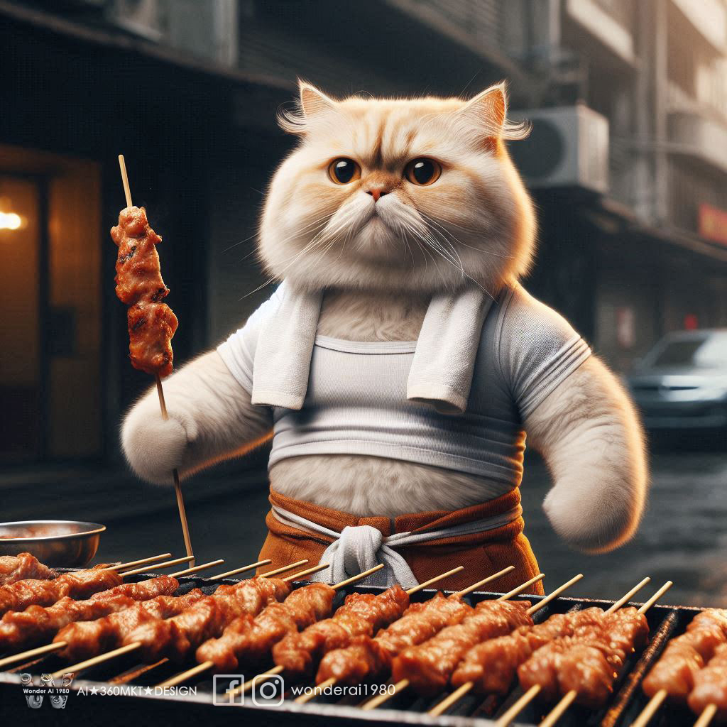 DALL·E prompt: Dramatic photo, panorama, full body, anthropomorphic real cute creamy cat, weari...