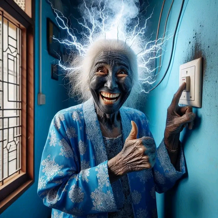 DALL·E prompt: a 70 year old woman wearing a batik dress and sarong was touching an electrical ...
