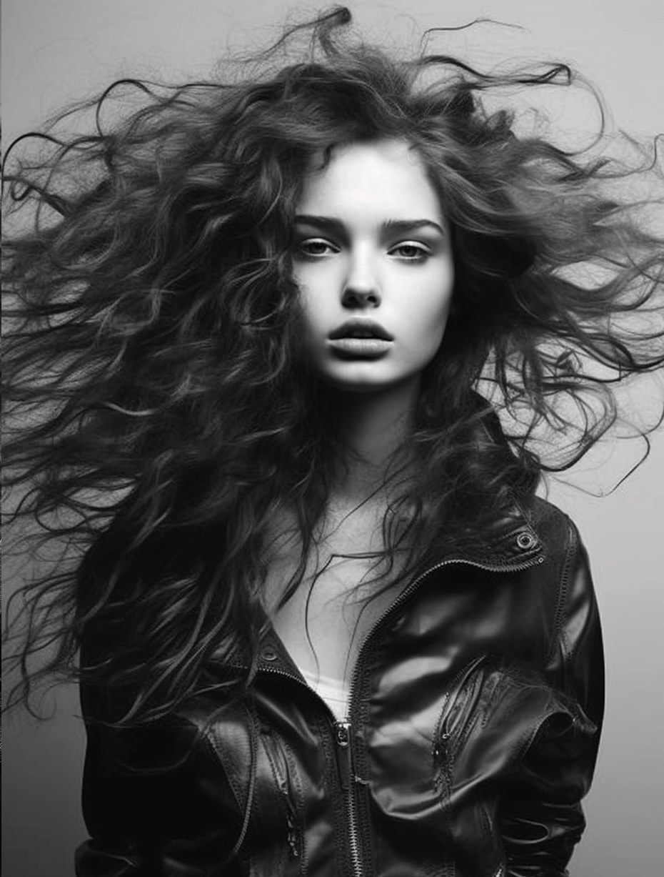 Midjourney prompt: a black and white photo of a woman , i-d magazine, hair floating covering chest,...