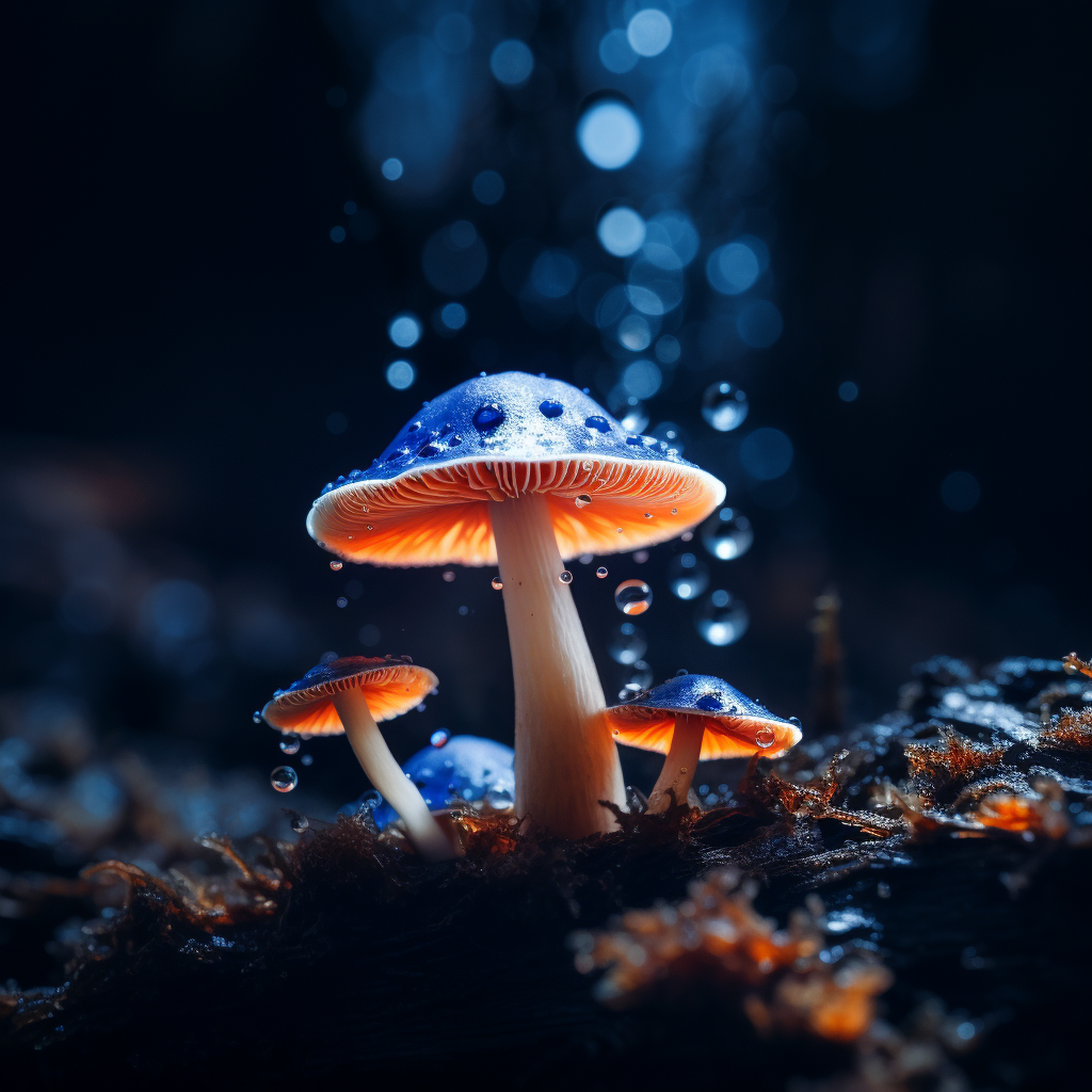 Midjourney prompt: the image of a blue and white mushroom, in the style of otherworldly, soggy, spa...