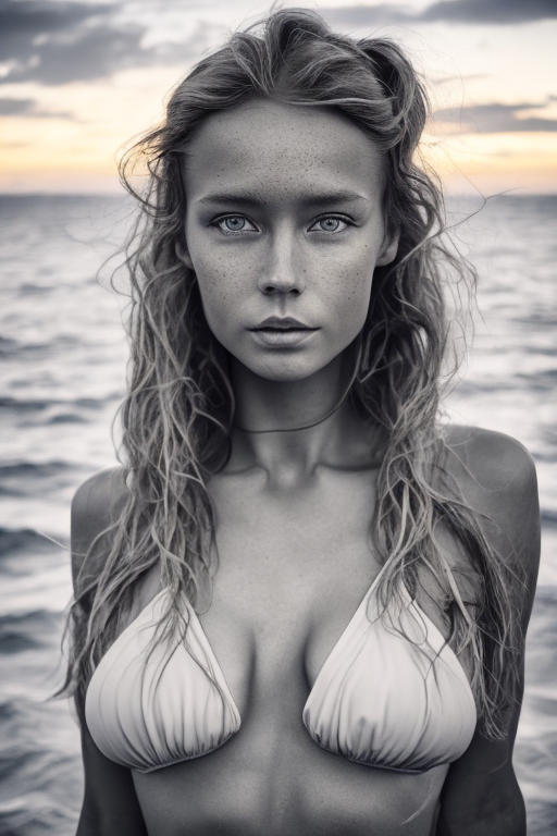 Openjourney prompt: professional full body shot of a Norwegian girl wearing only a two-piece swimsui...
