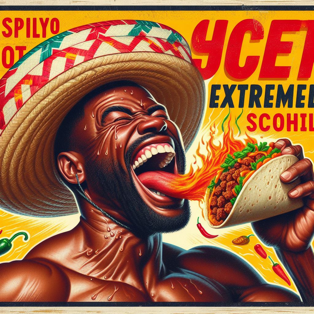 DALL·E prompt: A man joyfully munching on a very spicy, hot and big taco with a extremely high ...