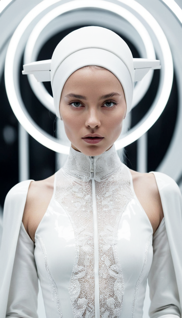 Stable Diffusion prompt: A close up mystical woman in a white lace and leather outfit in a futuristic set...