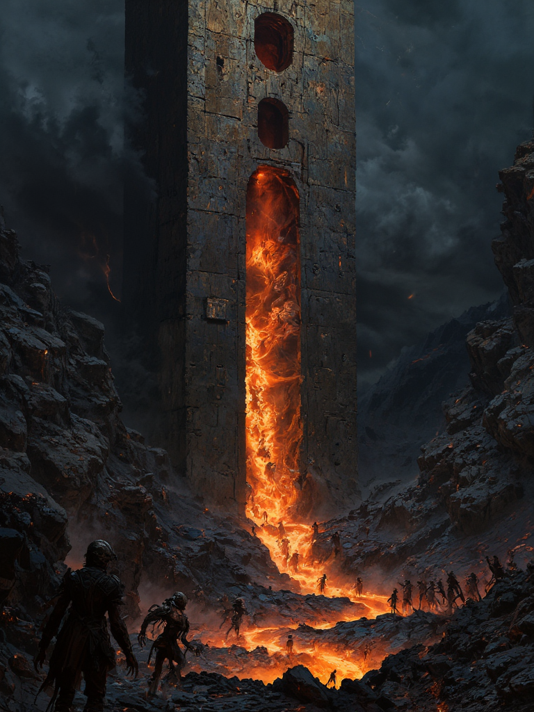 FLUX prompt: A towering, ancient gate to the underworld looms in the distance, carved from da...