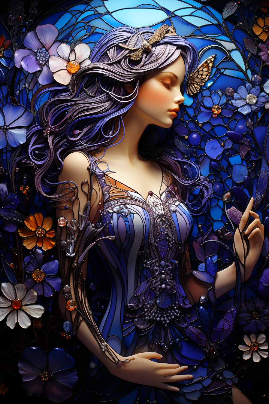 Midjourney prompt: A whimsical fairy with sparkling purple wings and shimmering pearl scales detail...