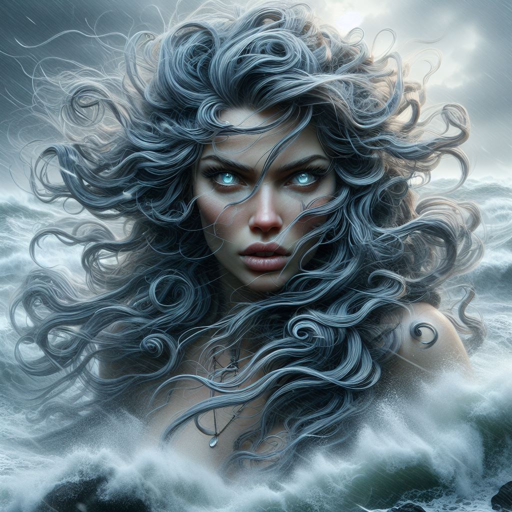DALL·E prompt: On a stormy, windswept coastline, Nimbus, a tempestuous sea witch, commands the ...