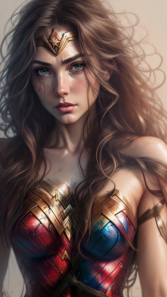 DreamShaper prompt: Art by Carne Griffiths, Wonder Woman, perfect face, perfect body, Knitting cloth...