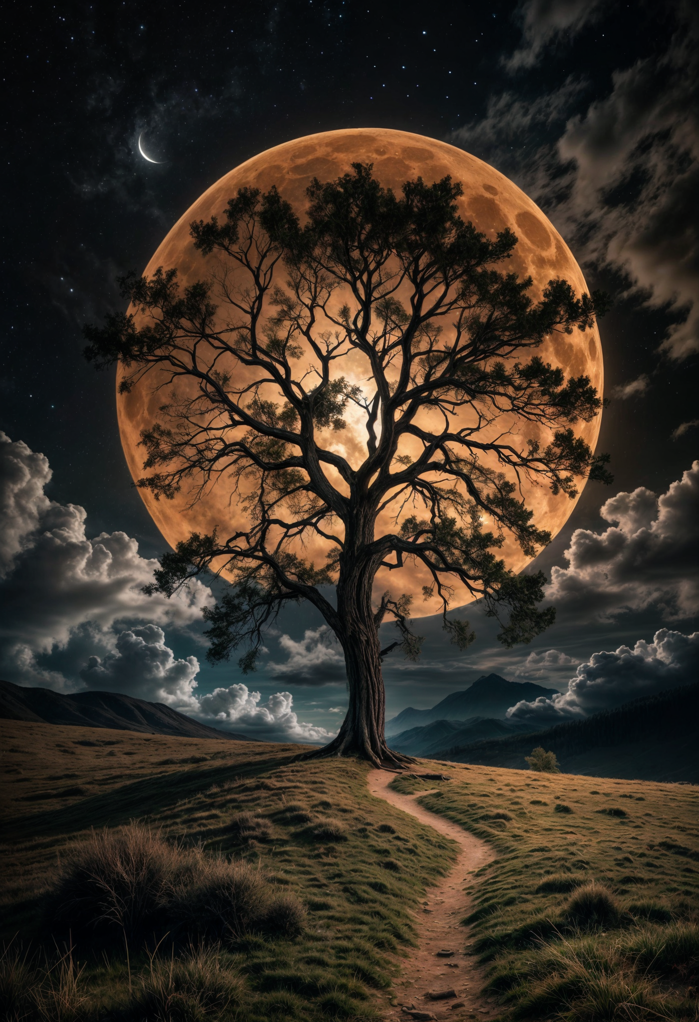 Stable Diffusion prompt: A dark night with faint stars showing between many clouds, a full moon illuminat...