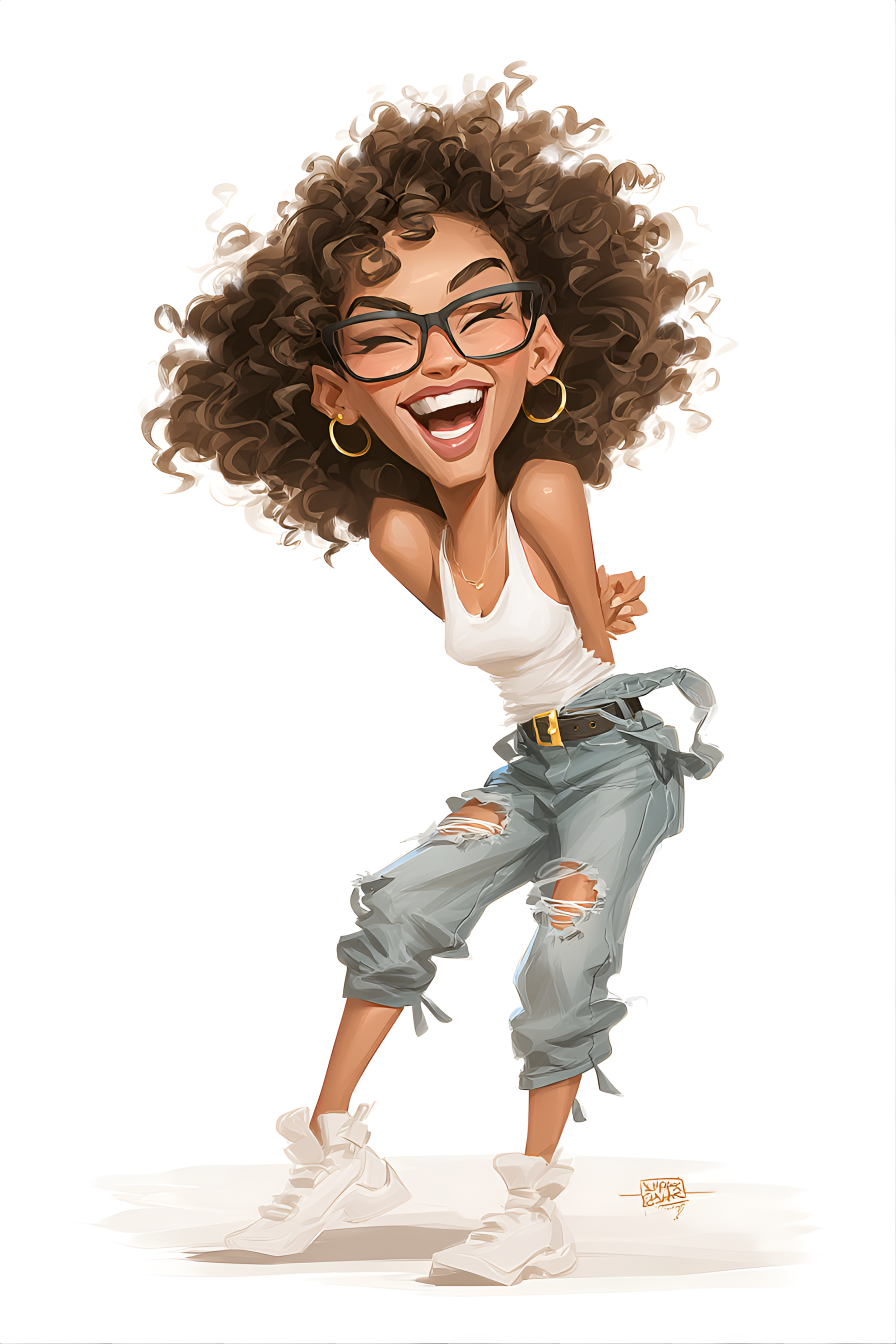 Midjourney prompt: funny caricature, hip-hop dancer caricature, young african-american female, 20 y...