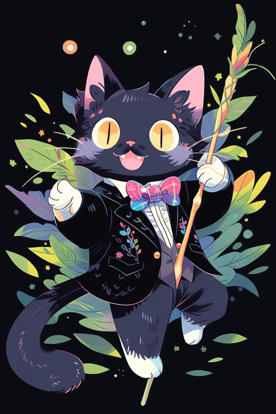 Midjourney prompt: A mischievous cat character in a polka dot bowtie, holding a leaf patterned staf...