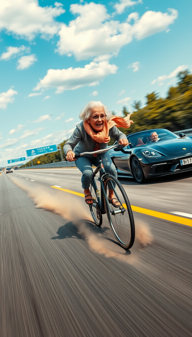 Stable Diffusion prompt: The image depicts a humorous and surreal scene on a highway. An elderlywoman is ...