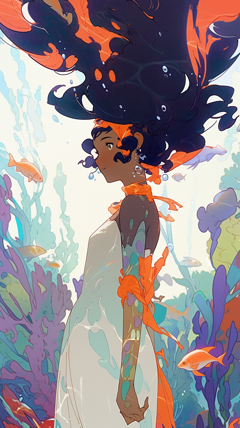 Midjourney prompt: Mysterious underwater world, with colorful coral reefs, exotic fish, and dancing...