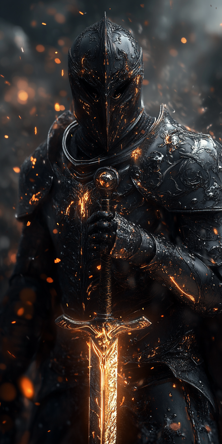Midjourney prompt: a knight in black and gold armor holding his sword, dark fantasy artwork, digita...