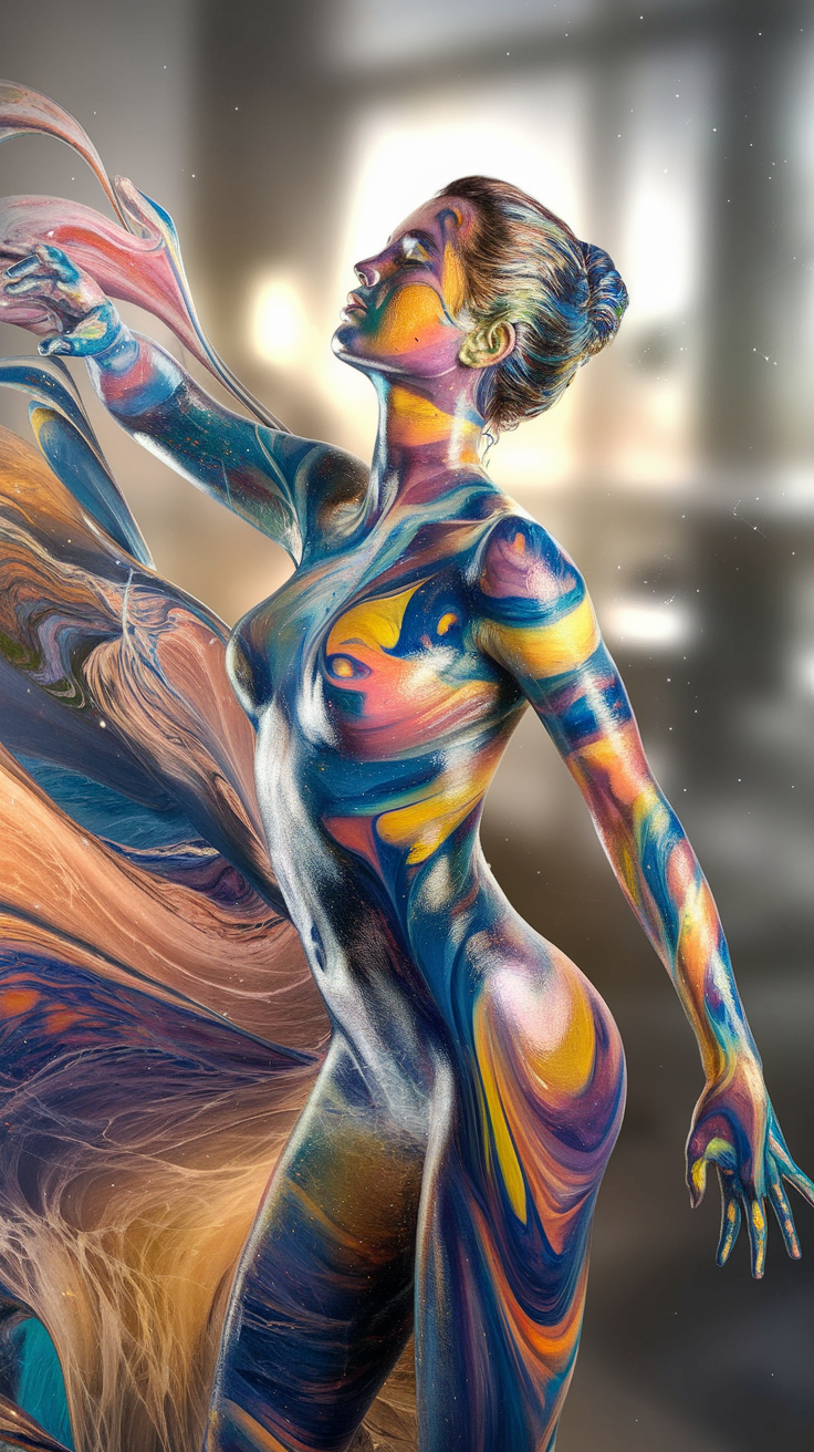 Ideogram prompt: Fluid Painting Art 20 yo woman, Living Tapestry, Flowing Colors, Fluid Pose, Gra...