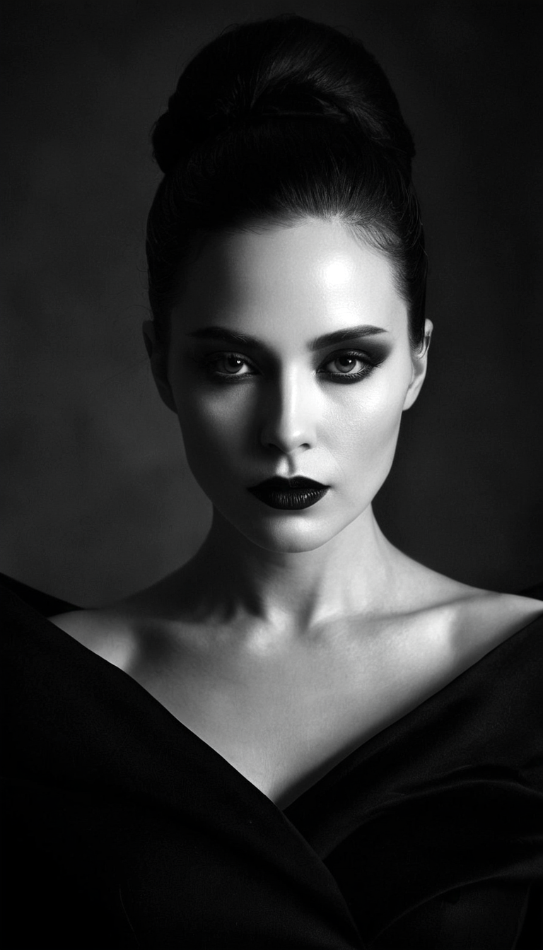 Stable Diffusion prompt: black and white photography, fashion editorial, a close up portrait of darkhaire...