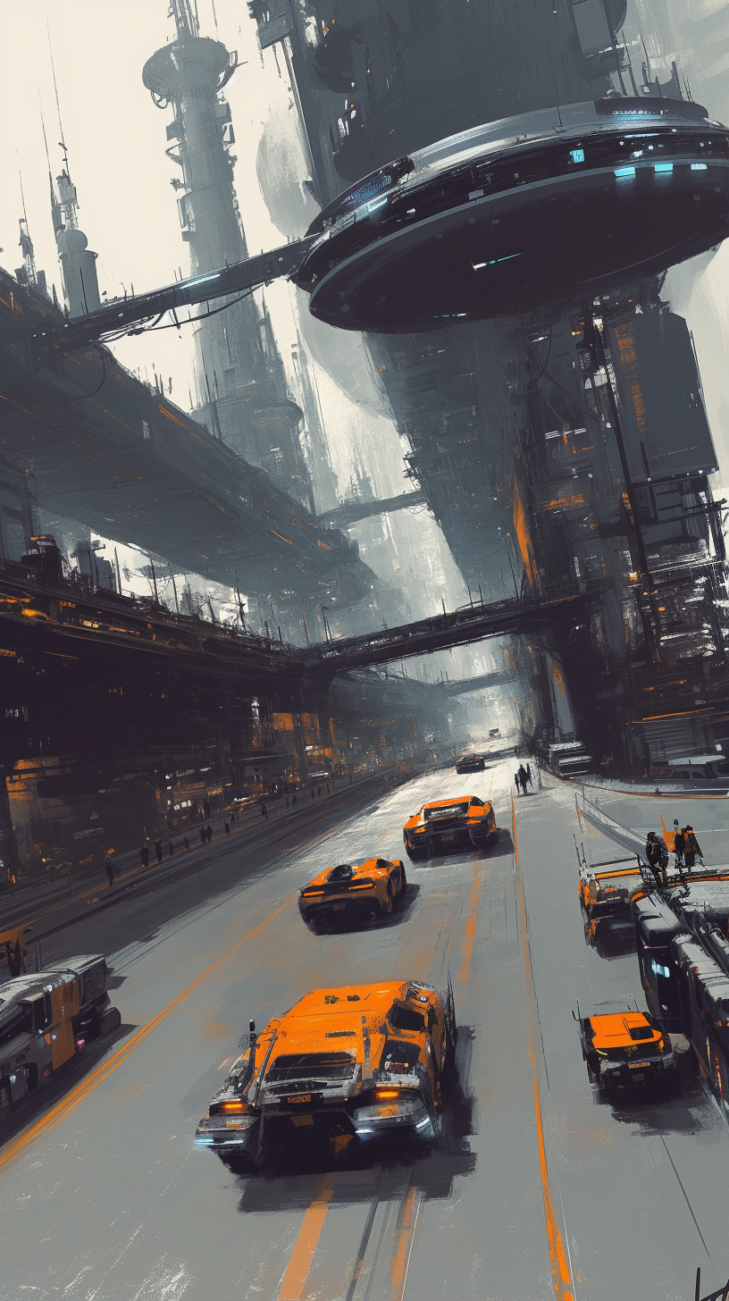 Midjourney prompt: illustration, concept art style, dynamic view, future city with massive cars and...