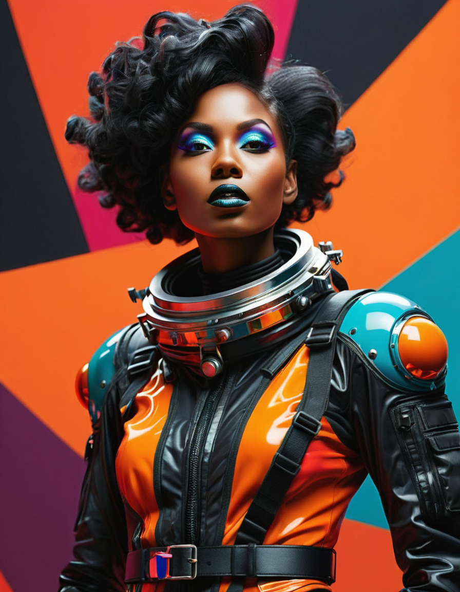 FLUX prompt: avant-garde black spacewoman , vibrant color palette, bold graphics