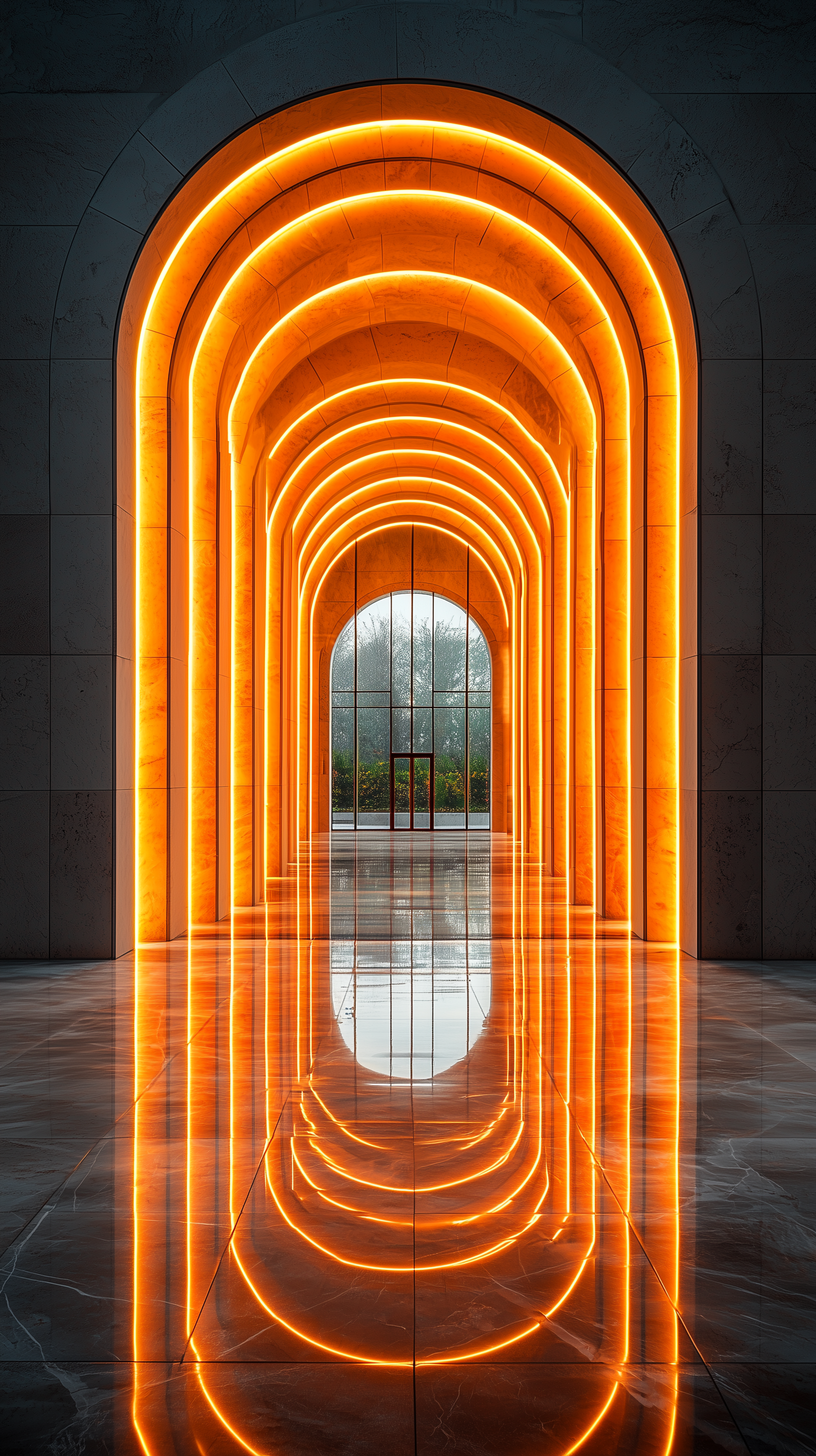 Midjourney prompt: modern minimalist, architectural photography, illuminated grand entrance with cu...