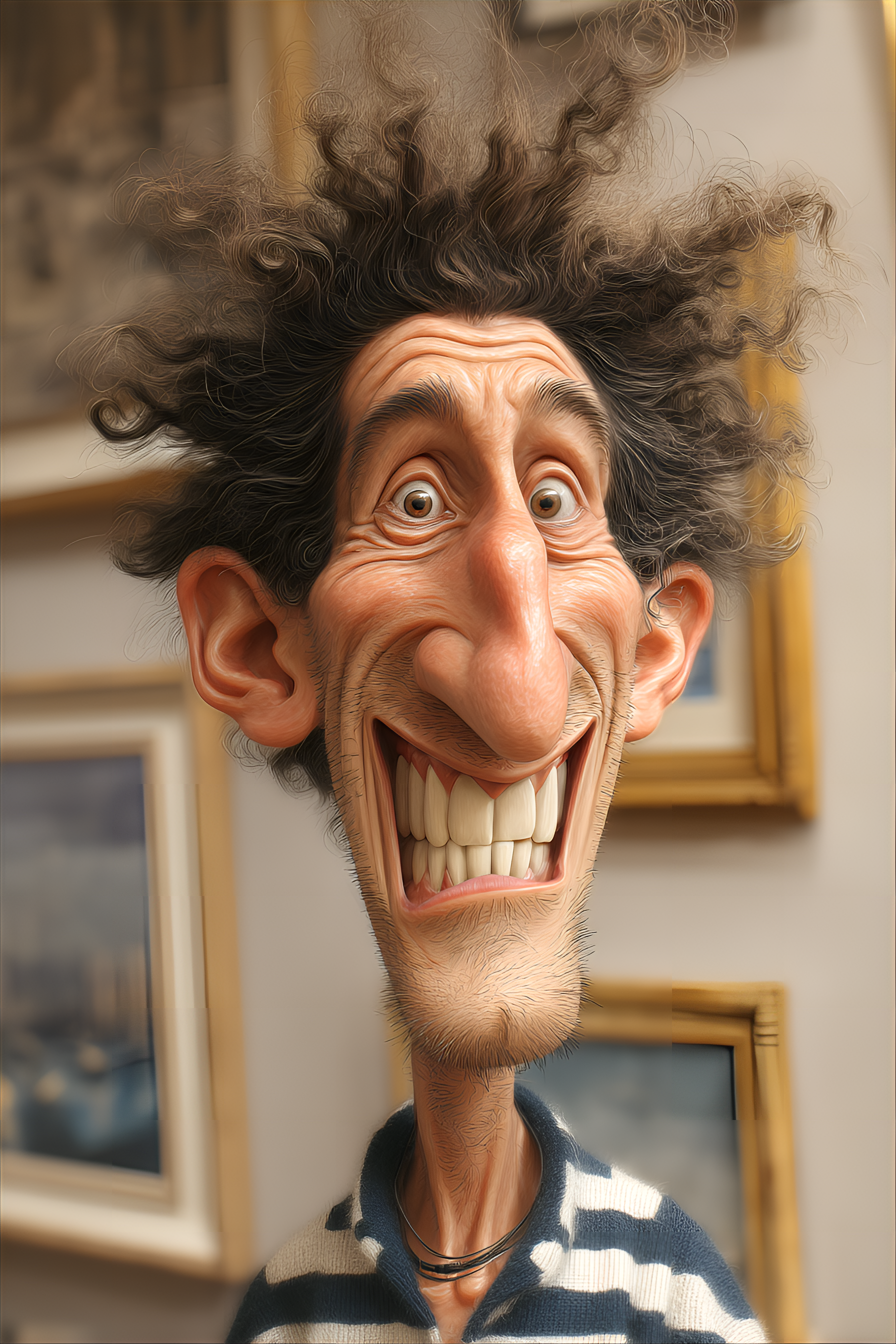 Midjourney prompt: funny caricature, exaggerated cartoon human, male, 40 years old, wild-haired, bi...