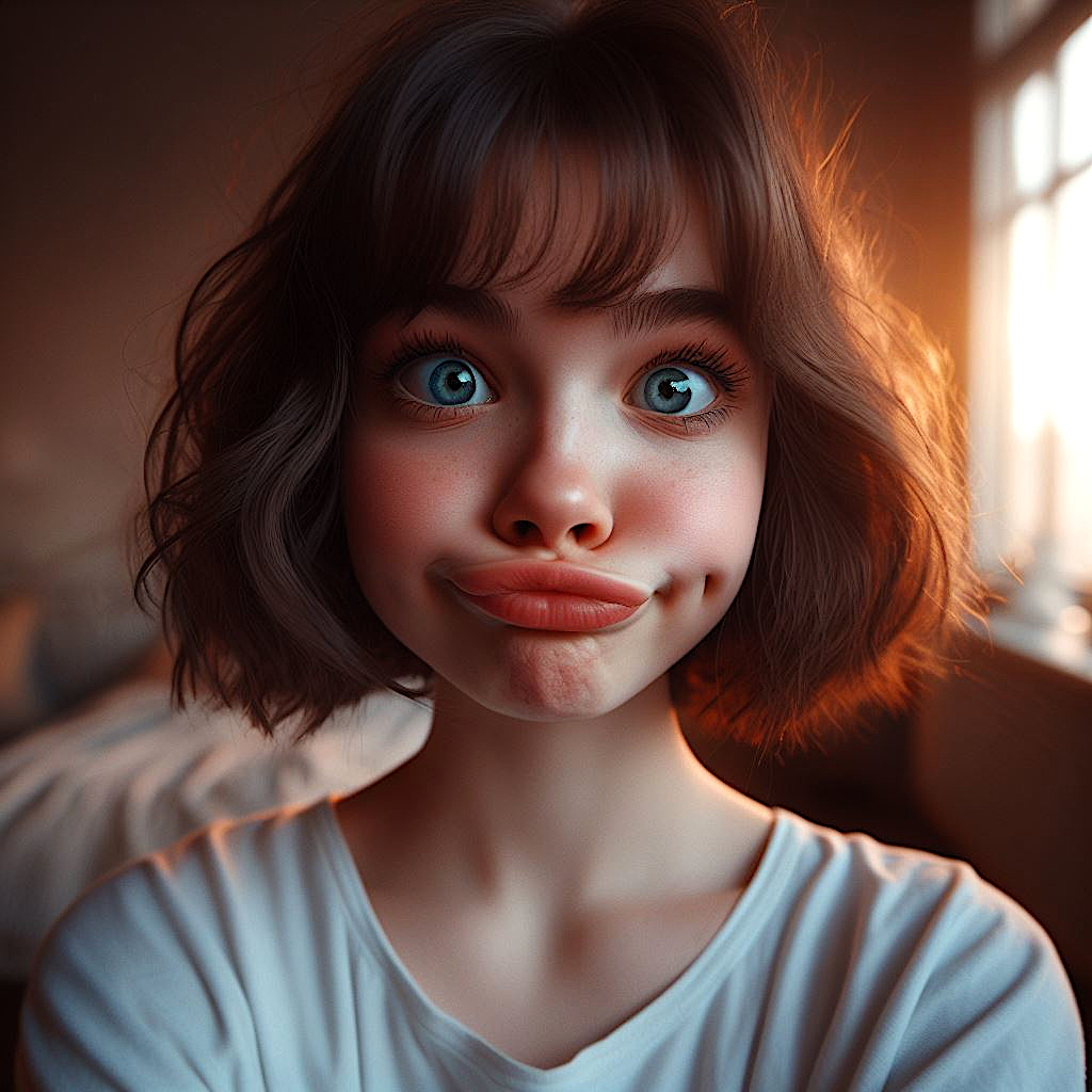 Realistic Vision V2.0 prompt: hyper realistic selfie portrait of a pre-teen girl, short wavy hair , making fun...