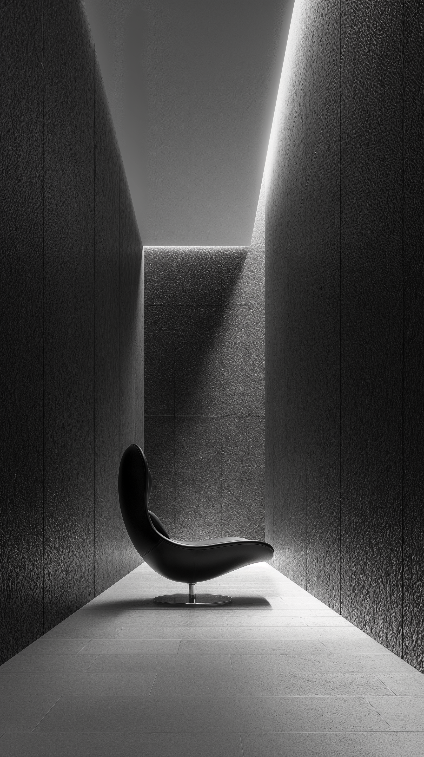 Midjourney prompt: minimalist corridor featuring high contrast between deep black walls and a brigh...