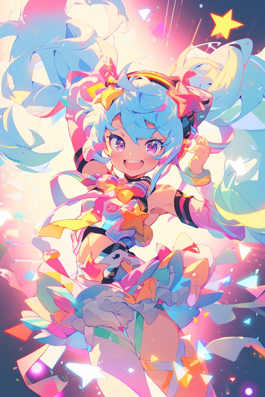 Midjourney prompt: Pan Shot, a playful anime character dissolving into sparkling, magical particles...