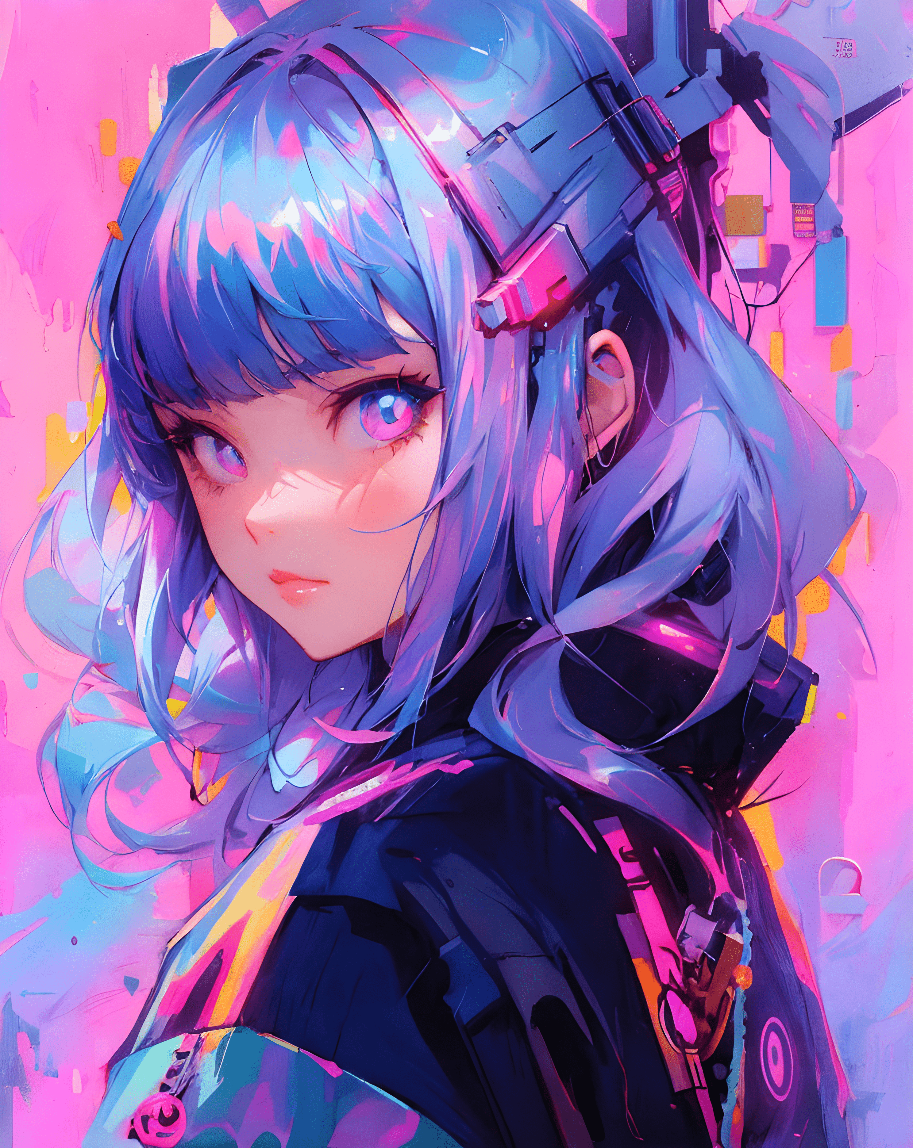 ReV Animated prompt: a painting of a girl with blue hair, cyberpunk art, inspired by Yanjun Cheng, di...