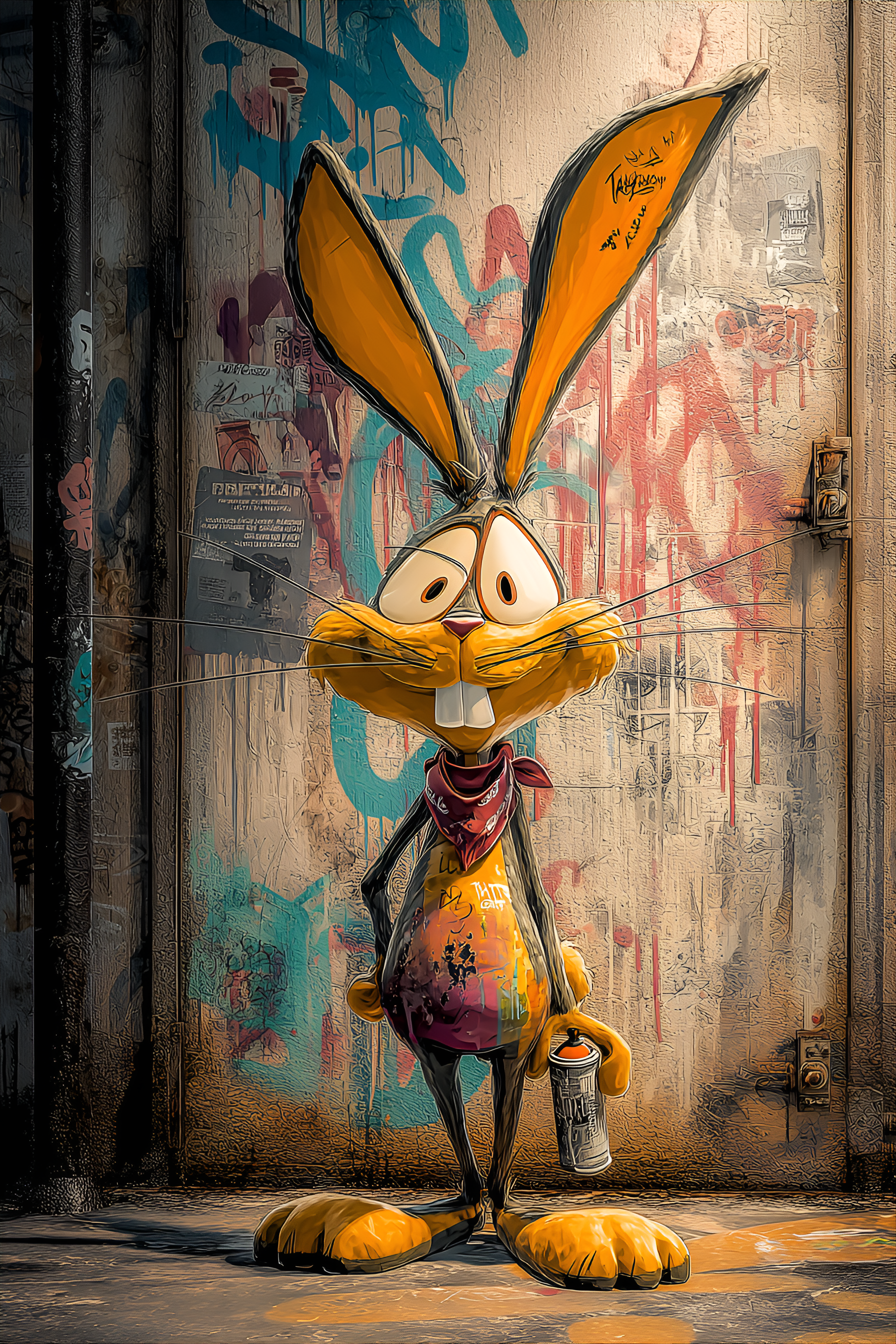 Midjourney prompt: funny caricature, graffiti rabbit, 15 years old, urban, edgy, mischievous, elong...