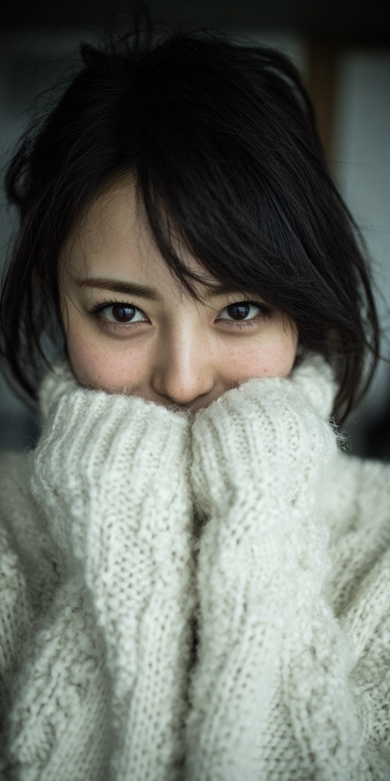 Midjourney prompt: Asian woman, mid 20s, shy --no freckles --chaos 75 --ar 1:2 --raw --profile n19t...
