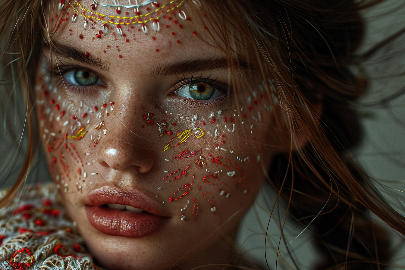 Midjourney prompt: Rough thread embroidery on a girl's face, poor quality, no photoshop, no retouch...