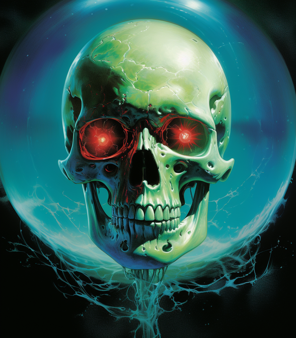 Midjourney prompt: 80s fantasy, floating sphere metal skull with red eyes and fangs surrounded by g...