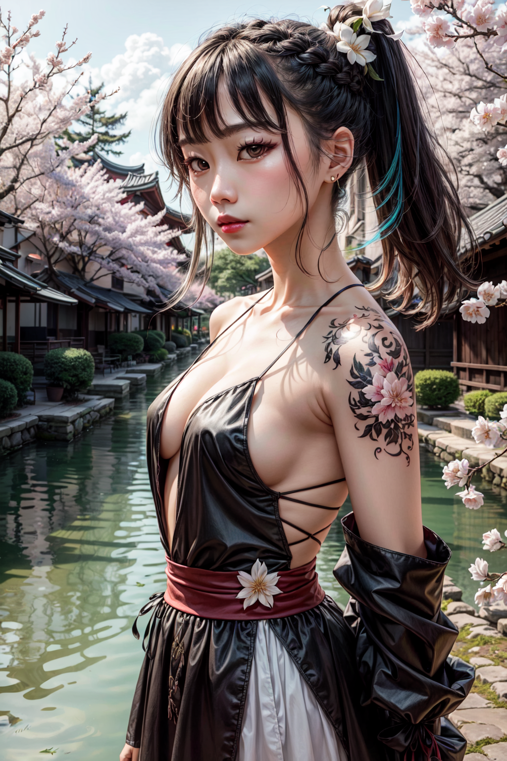 UnstableInkDream prompt: Beautiful Korean woman, kpop idol, (white hair), (braided ponytail), (small brea...