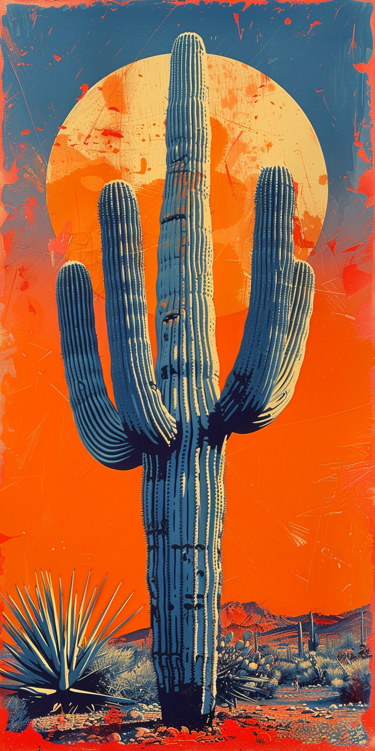 Midjourney prompt: Risograph print of a cactus, simple linocut style, with a colorful background an...