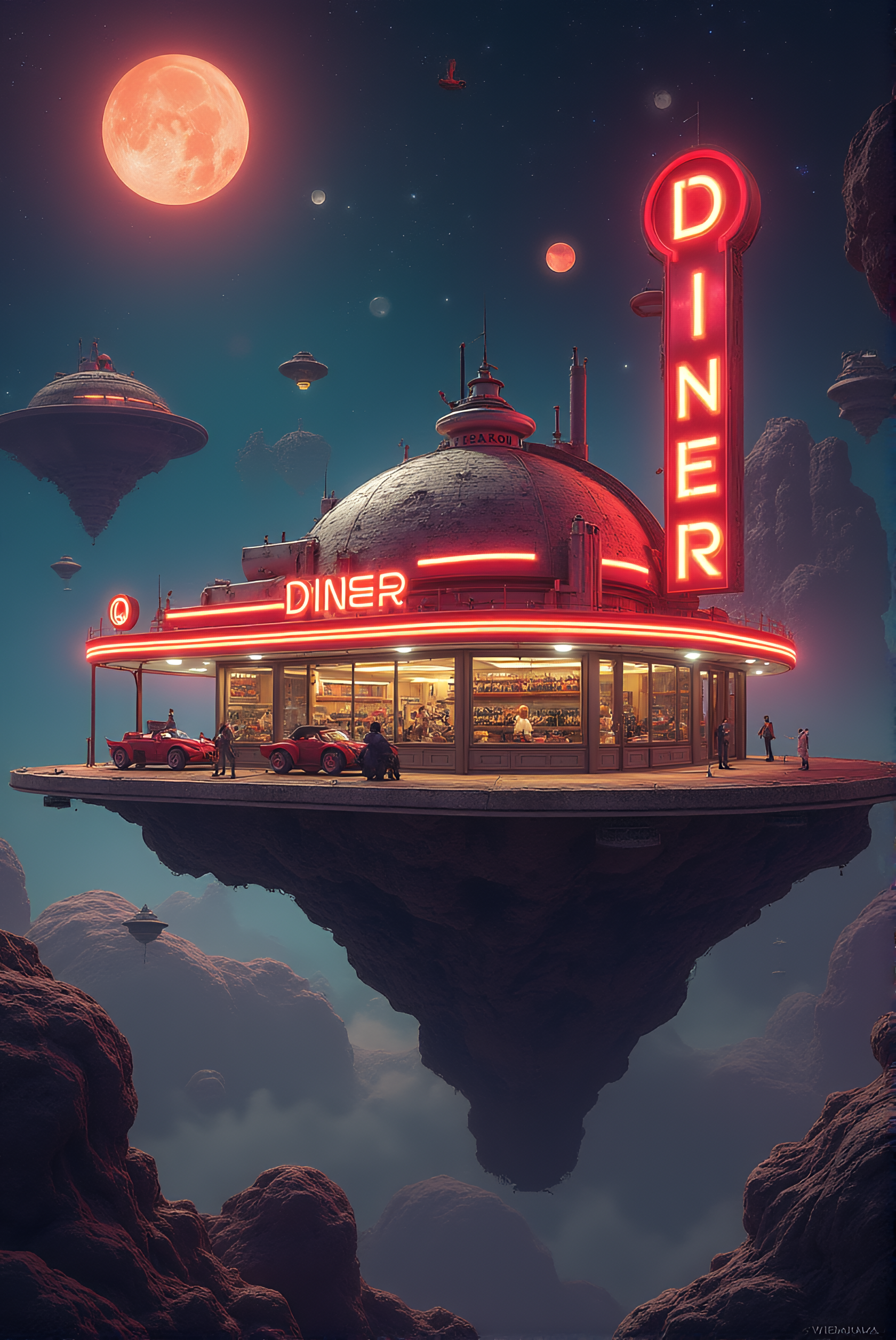 FLUX prompt: a sci fi image,retro scifi,50th style a diner on a asteroid,flying cars ,dynamic...
