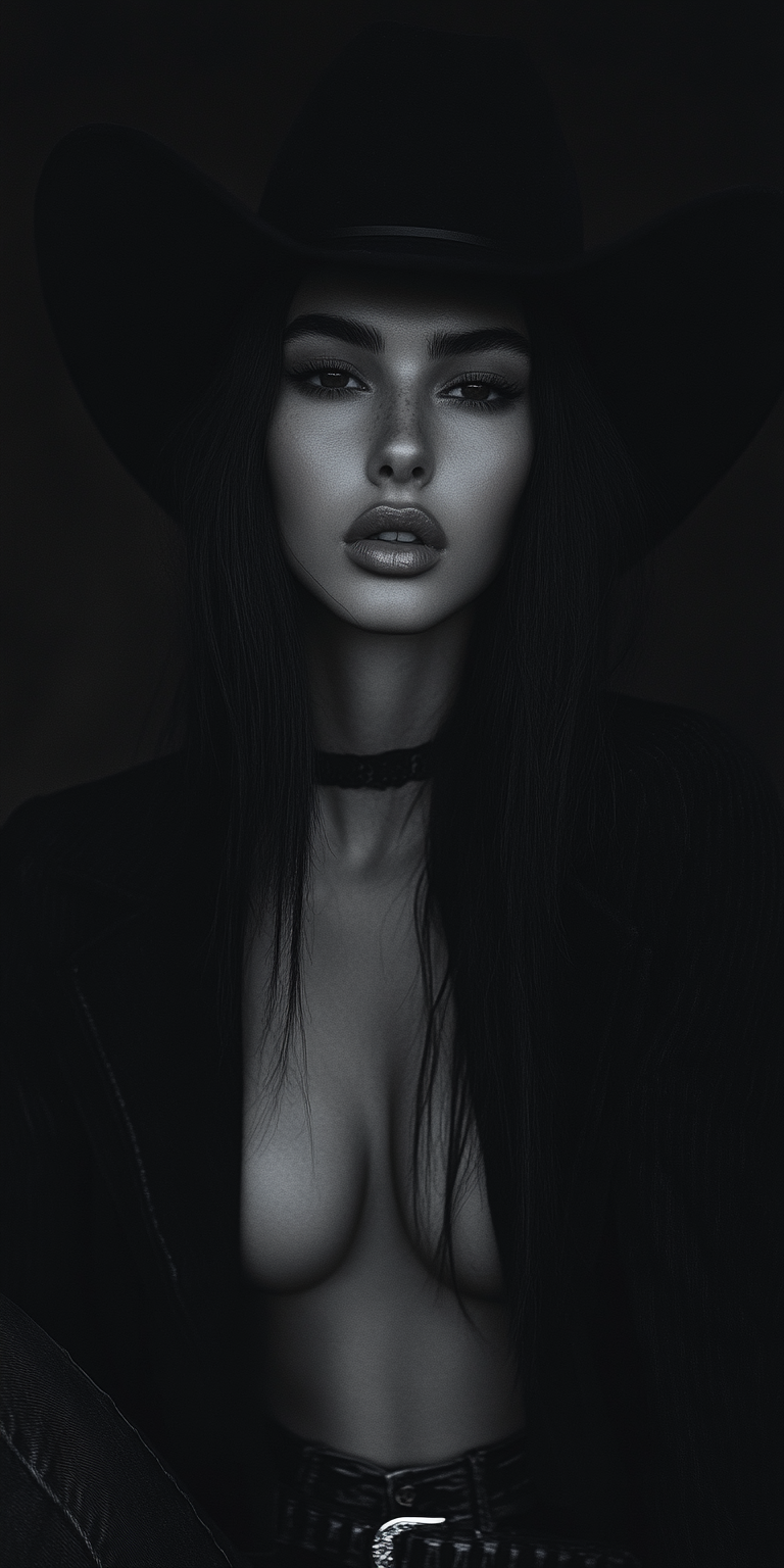 Midjourney prompt: A striking, high-contrast black and white portrait of a woman, shot in a studio ...