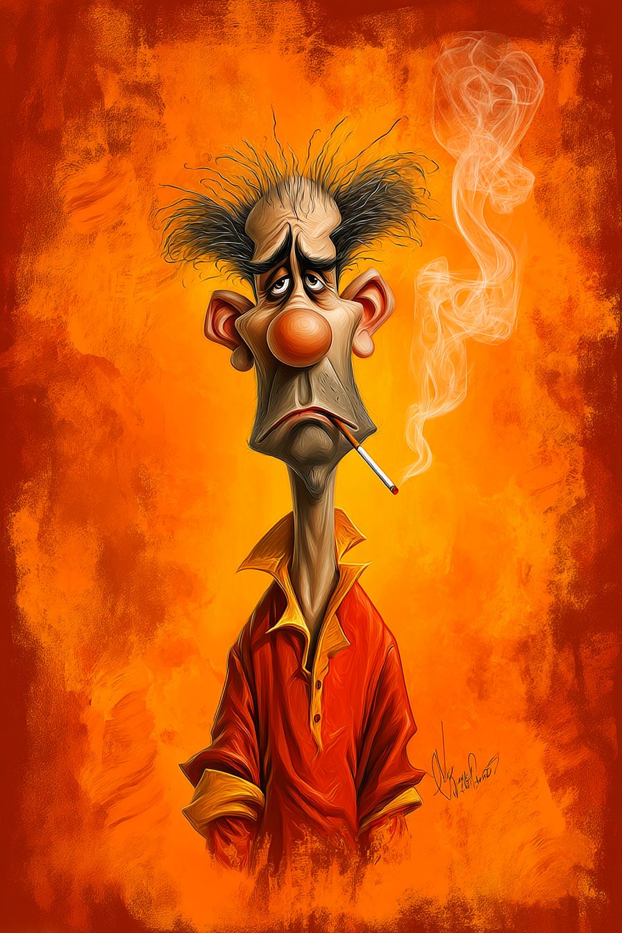 Midjourney prompt: funny caricature, disheveled clown character, male, 45 years old, messy, grumpy,...