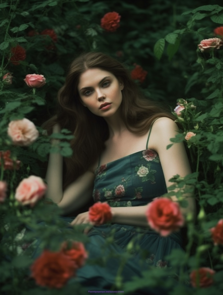 Midjourney prompt: a woman sitting in front of a bush of flowers, tumblr, romanticism, poison ivy, ...