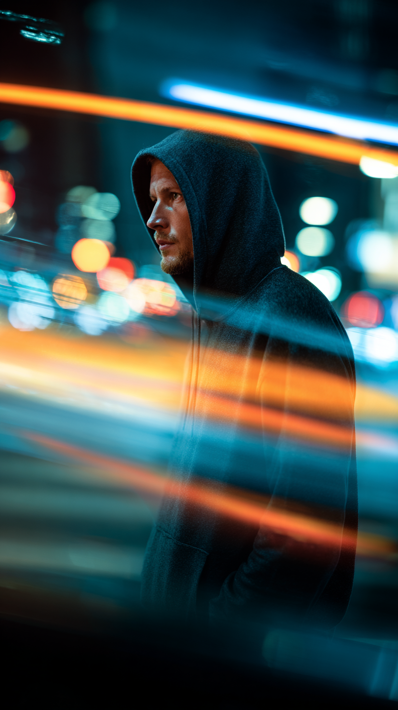 Midjourney prompt: photography, vibrant street, male model, midnight, wearing a hoodie, stands out ...