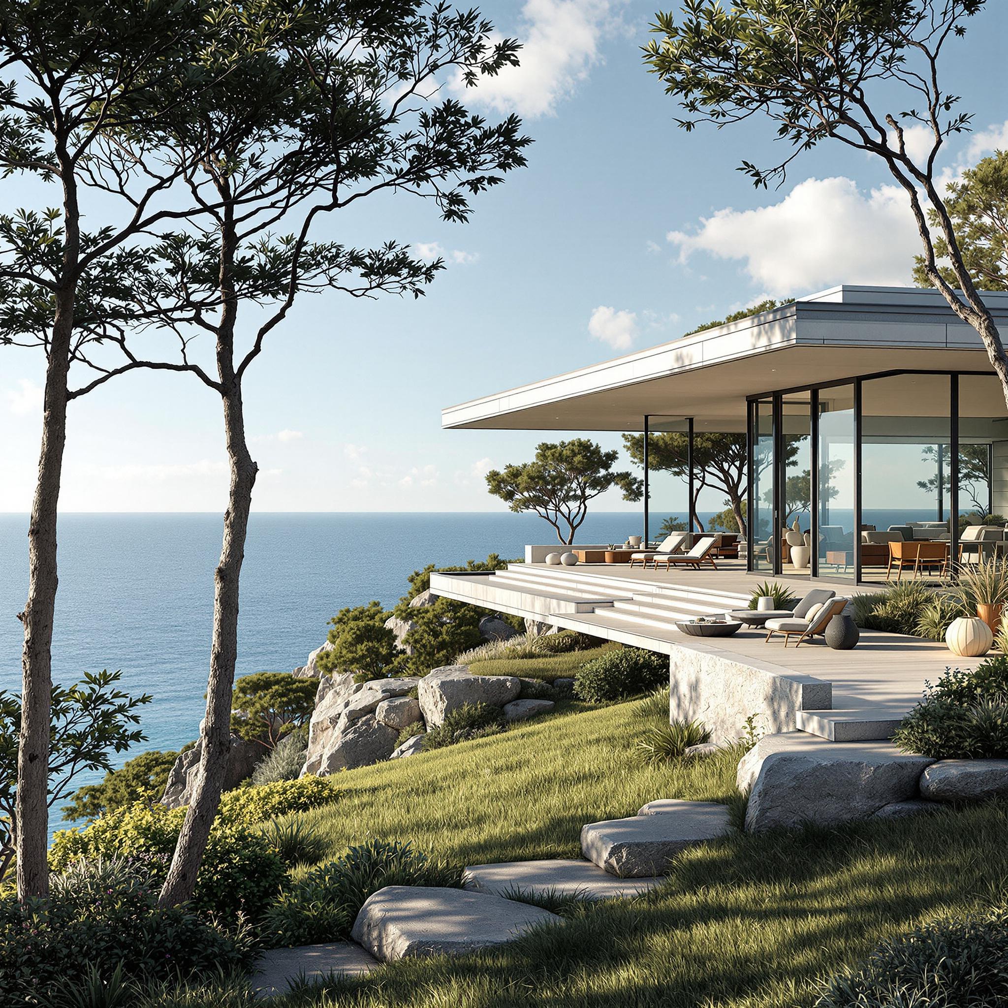 FLUX prompt: Hyper realistic eye level exterior photo of a mid century modern style house ove...