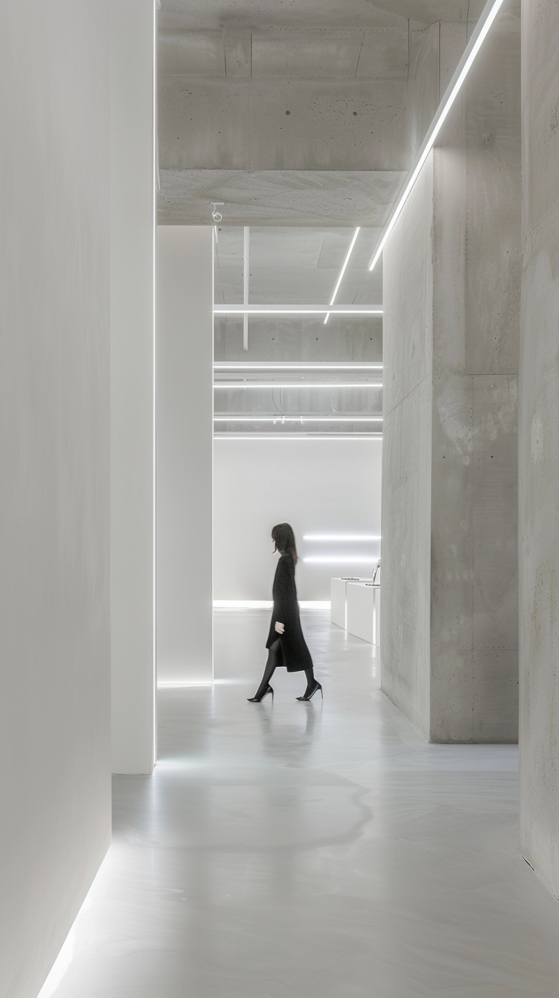 Midjourney prompt: photography, fashion store, whole white walls, white concrete floors, white ceil...