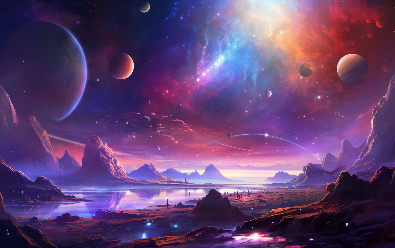 Midjourney prompt: a galaxy with blue water, a red star and many planets in one view, in the style ...