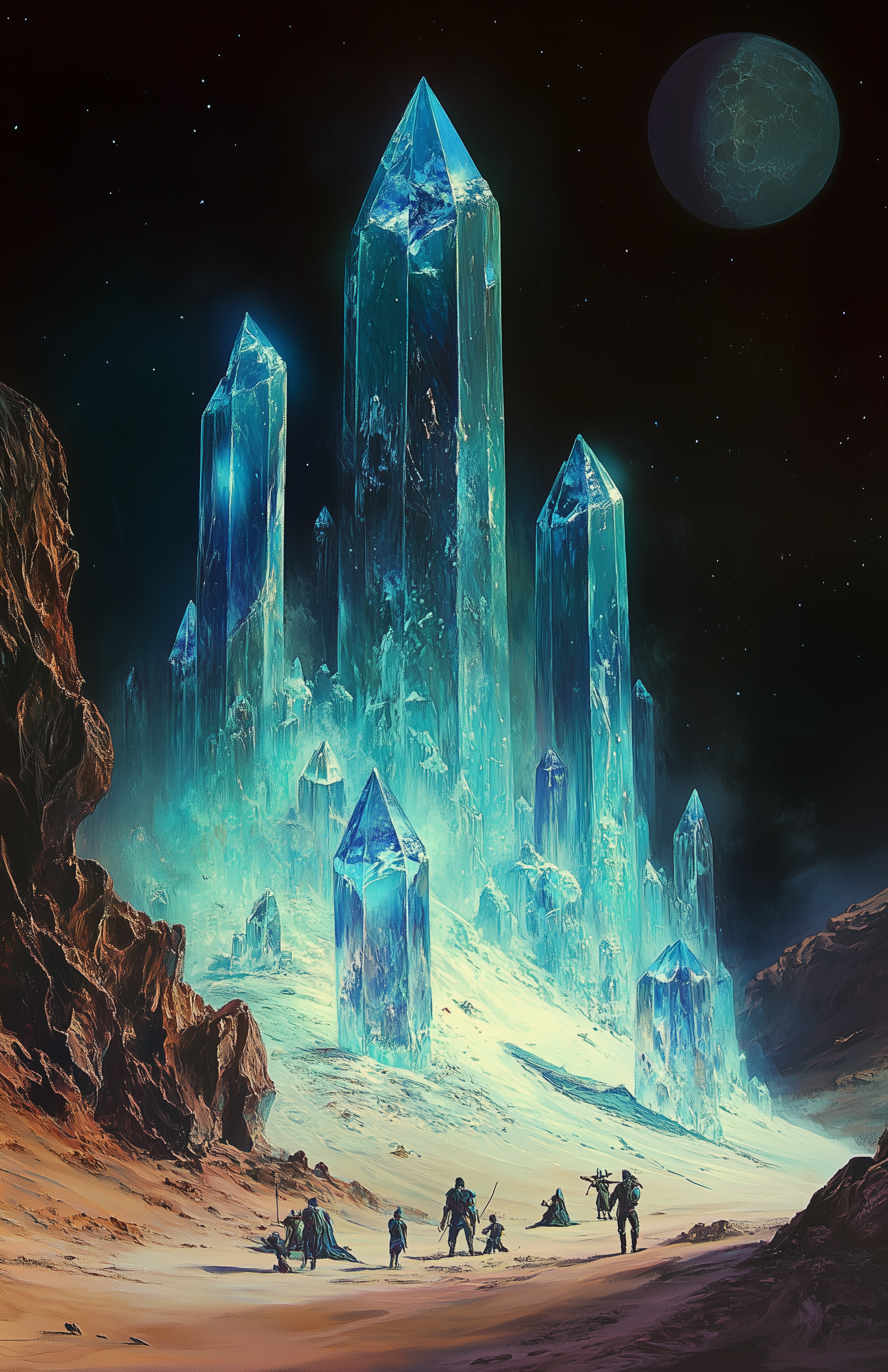 Midjourney prompt: A group of people playing in the sand on an alien planet, with a castle made of ...