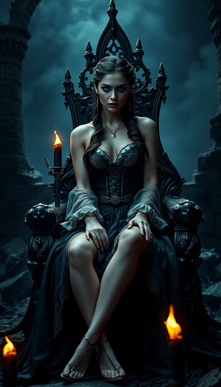 FLUX prompt: A sultry Queen of the Underworld sits atop a ruined medieval throne, surrounded ...