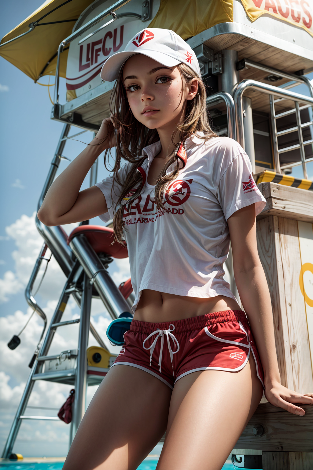 UnstableInkDream prompt: 1girl, a girl as a lifeguard, sitting in the sun on a white lifeguard tower, pla...