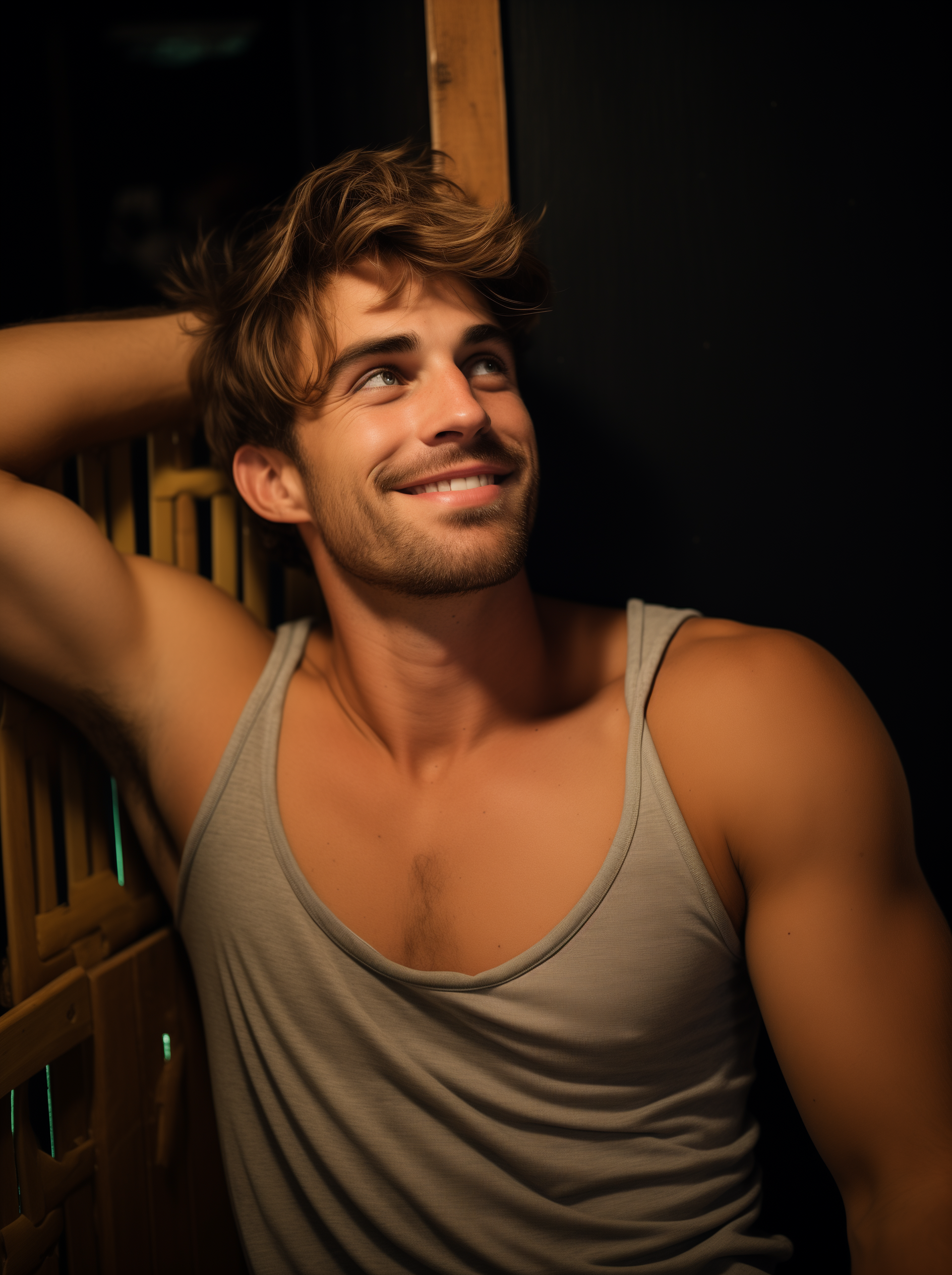 Midjourney prompt: A photo of an attractive white man with short hair and stubble sitting in his ch...