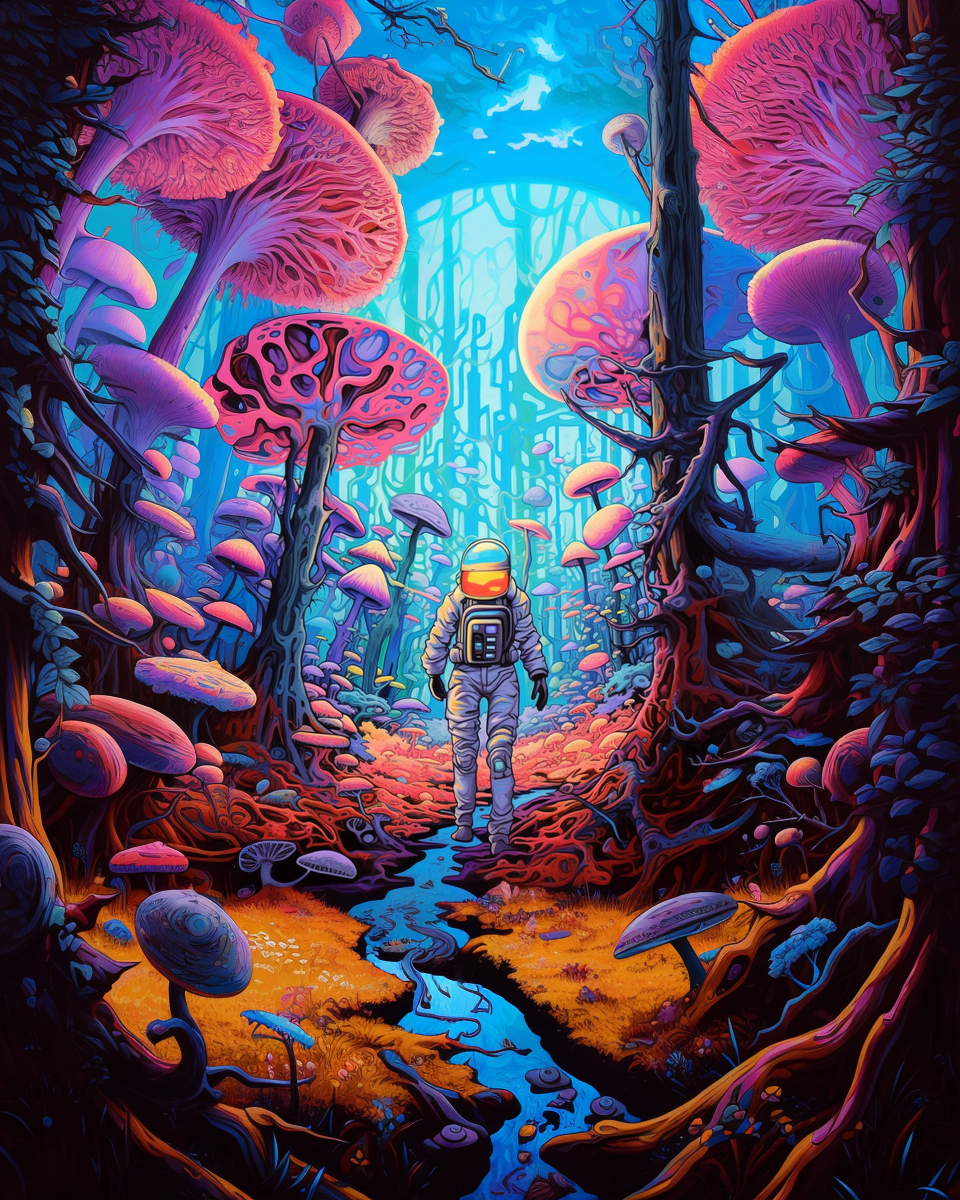 Midjourney prompt: astronaut in the mushroom forest, psychedelic mood, astral figures, morning ligh...