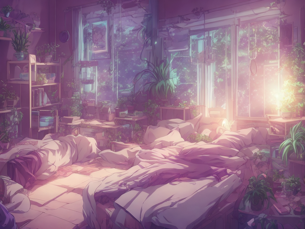 Openjourney prompt: aesthetic bedroom, anime style, night, some plants, cute, one cactus, purple sof...